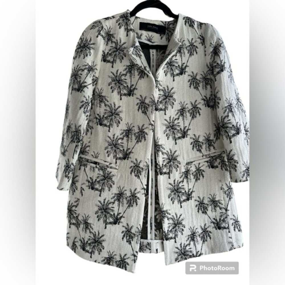 Zara Basic Collection Ivory Black Palm Tree Jacquard jacket blazer size large - Picture 4 of 6